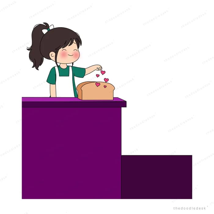 Girl behind a purple counter with a basket of bread and floating hearts