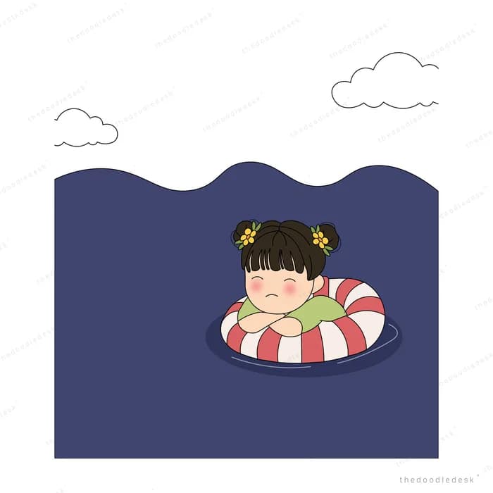 Girl resting quietly on a swim ring in wide dark water