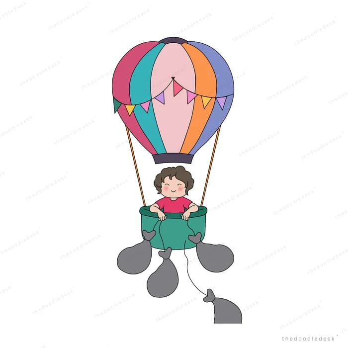 Girl in a hot air balloon basket rising above grey clouds