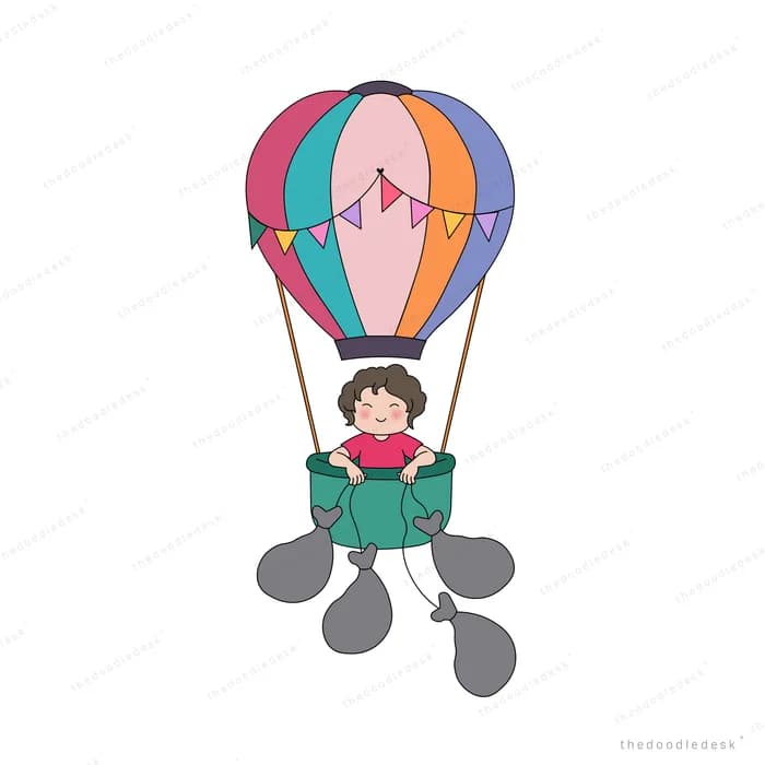 Girl leaning from a hot air balloon basket over a bank of clouds