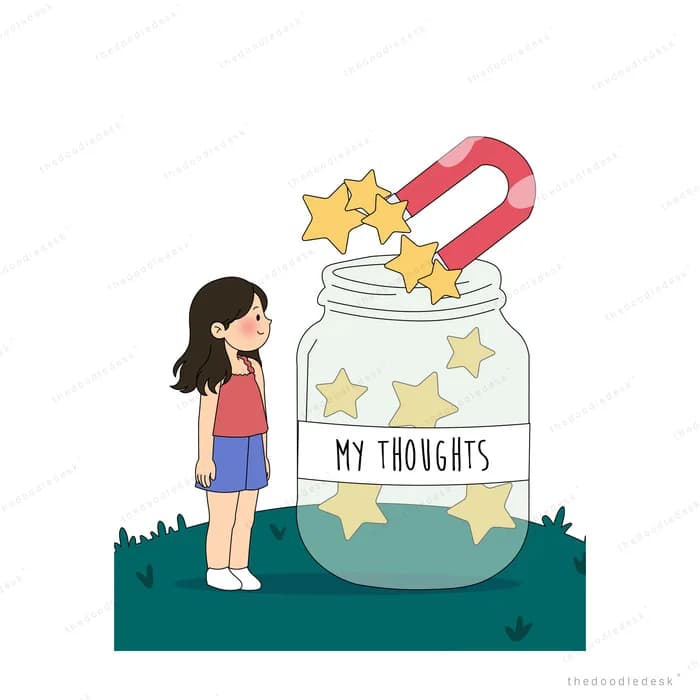 Girl watching a red magnet pull a star out of a labelled jar