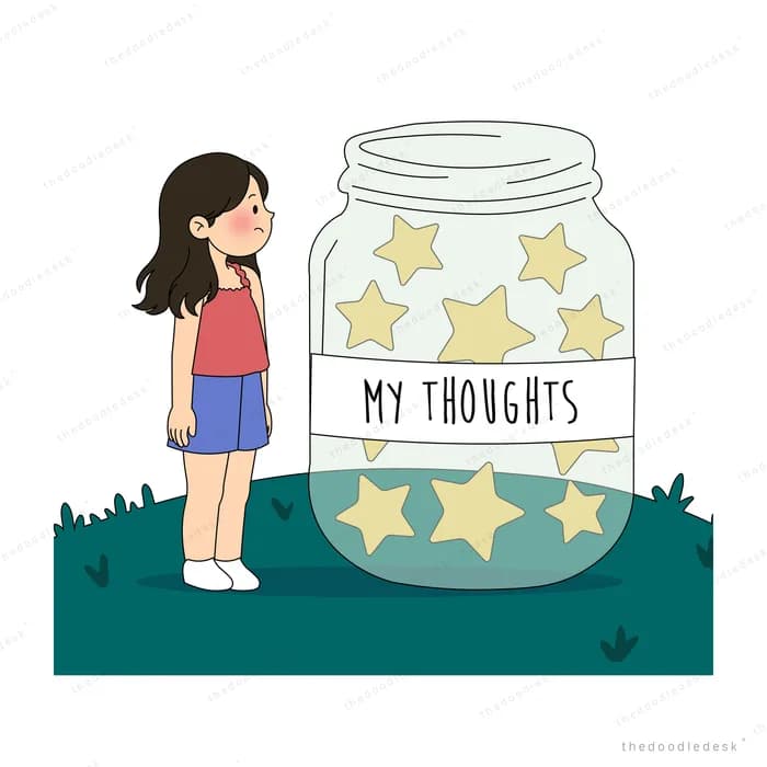 Girl looking up at a large jar packed full of yellow stars