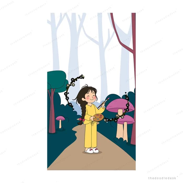 Girl with a pink umbrella on a forest path amid drifting sparkles