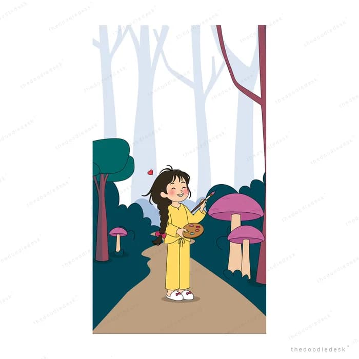 Girl pausing under her umbrella on a woodland path