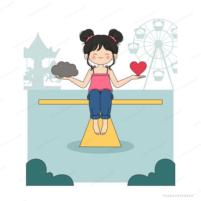 Girl balancing on a yellow seesaw plank holding a red heart at a fairground