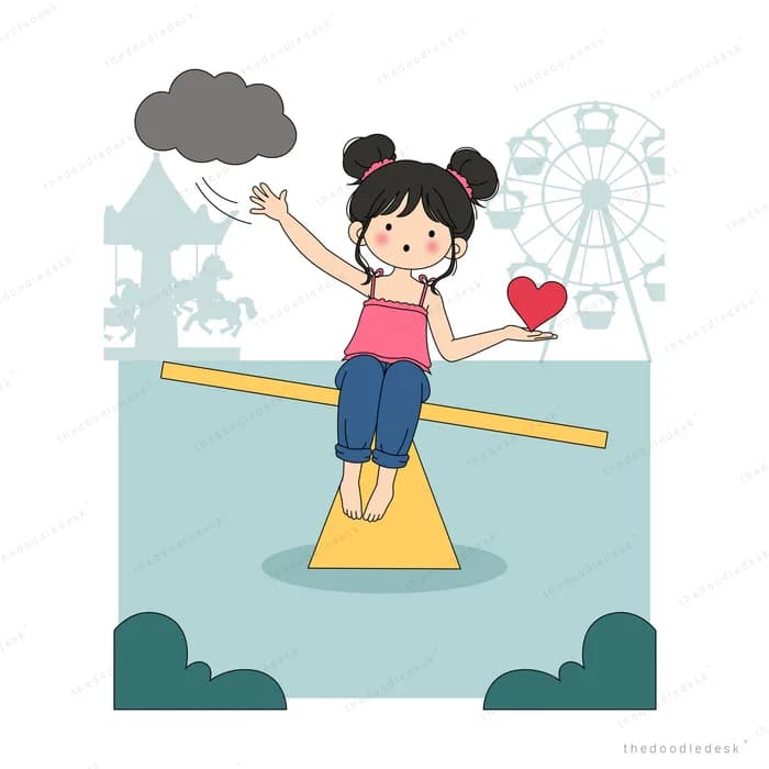 Girl on a seesaw with arms raised under a dark cloud