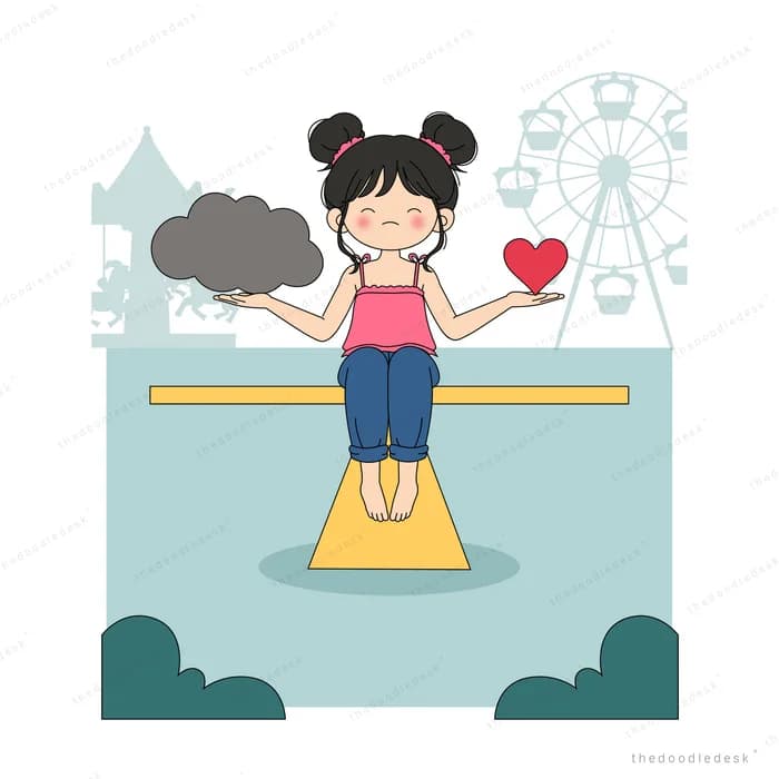 Girl standing on a seesaw between a dark cloud and a red heart