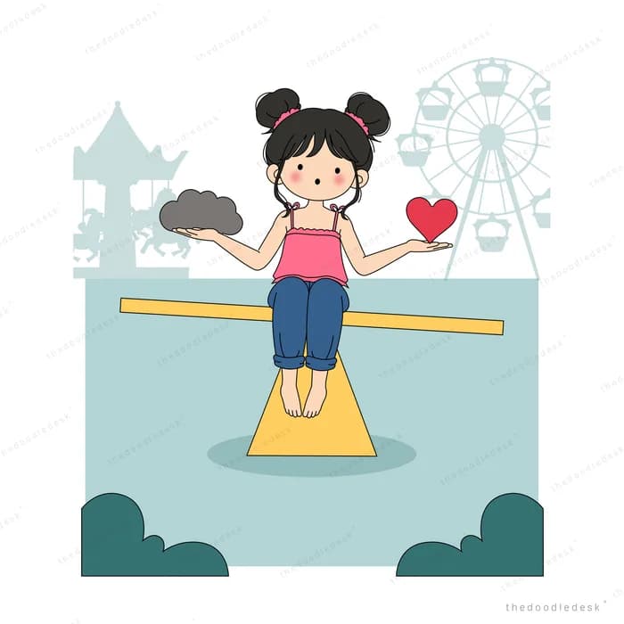 Girl balancing on a seesaw plank cradling a red heart