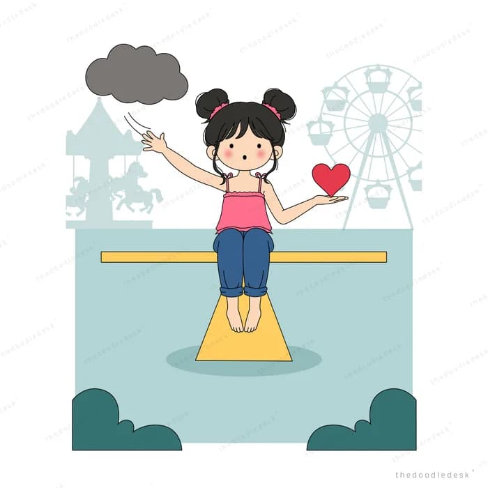 Girl on a seesaw reaching for a red heart under a grey cloud