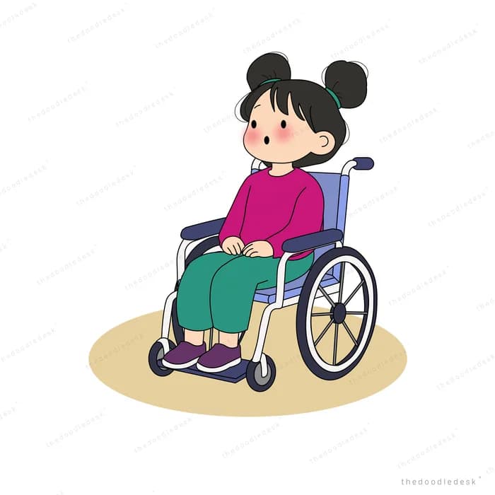 Girl smiling as she pushes herself along in a wheelchair