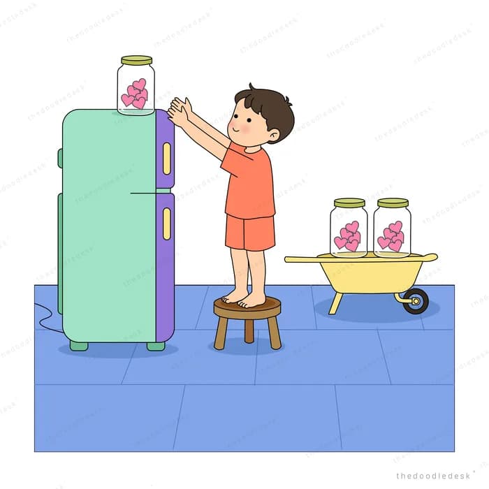 Boy taking pink flowers from a green fridge beside a flower cart