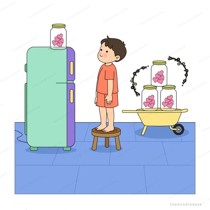 Boy standing by a stool moving flowers onto a wheeled cart