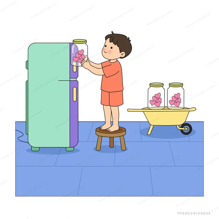 Boy opening a green fridge door to store pink flowers