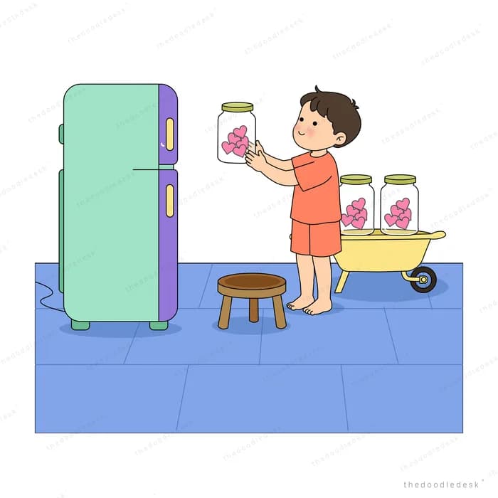 Boy carrying pink flowers away from a closed green fridge