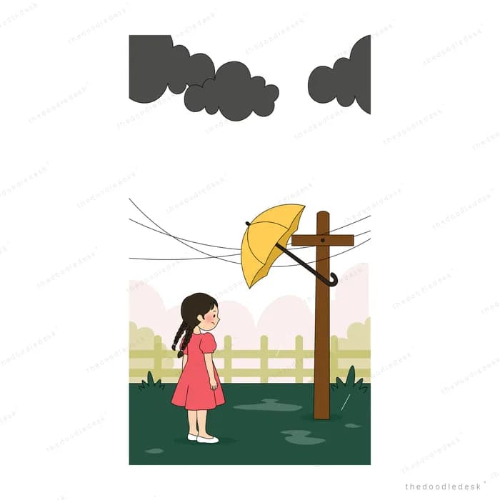 Girl in a red dress holding a yellow umbrella under dark storm clouds