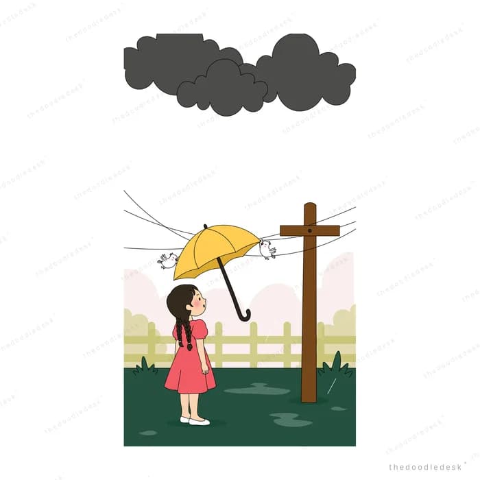 Girl gripping a yellow umbrella beneath a heavy dark cloud