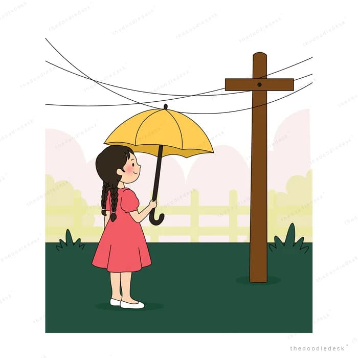 Girl standing calmly with a yellow umbrella by a utility pole