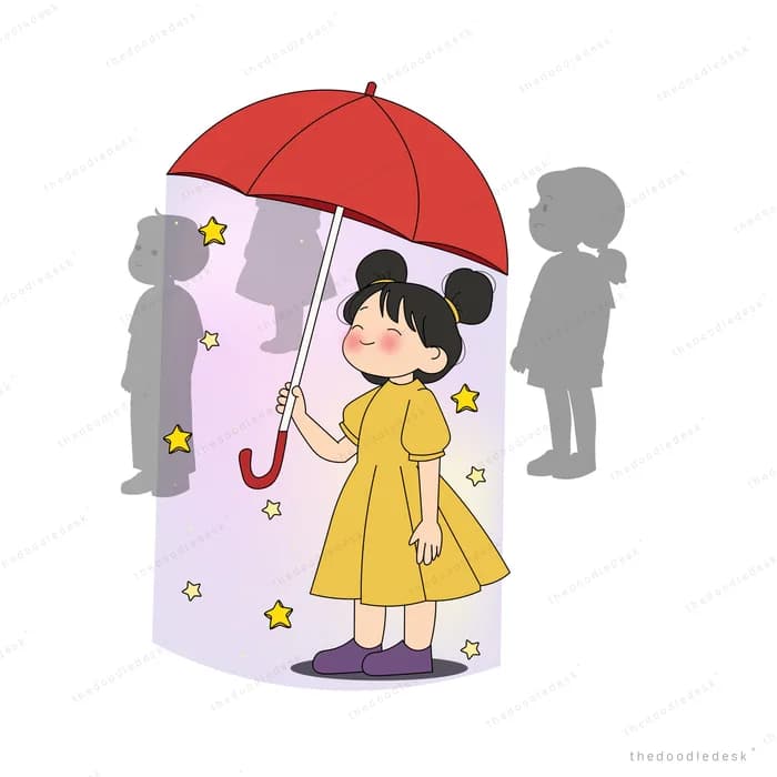 Girl in a yellow raincoat holding a red umbrella past grey silhouettes