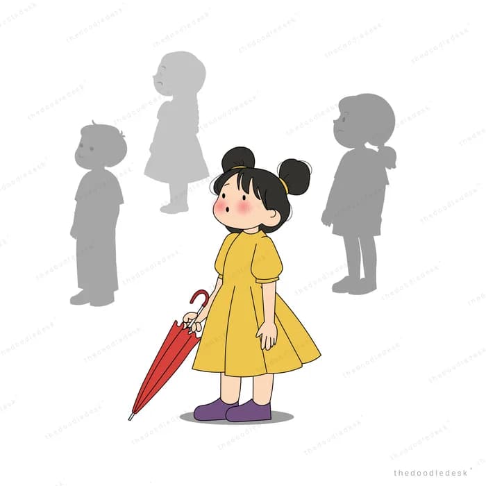 Girl in a yellow raincoat holding a closed red umbrella beside a grey figure