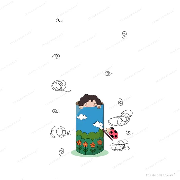 Boy peeking from a tall box painted with sky and grass among dark blobs