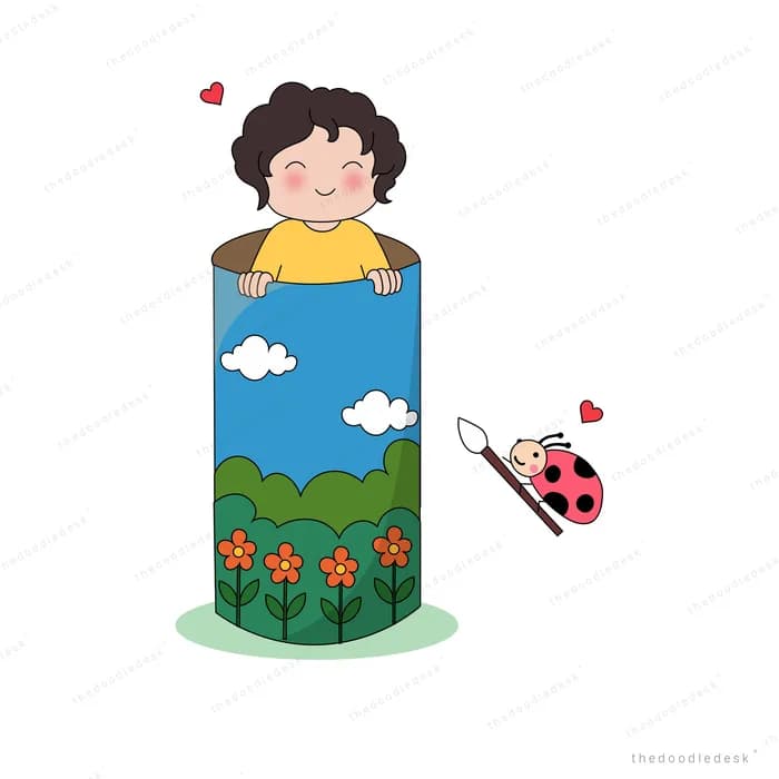 Boy standing inside a box painted with clouds and orange flowers