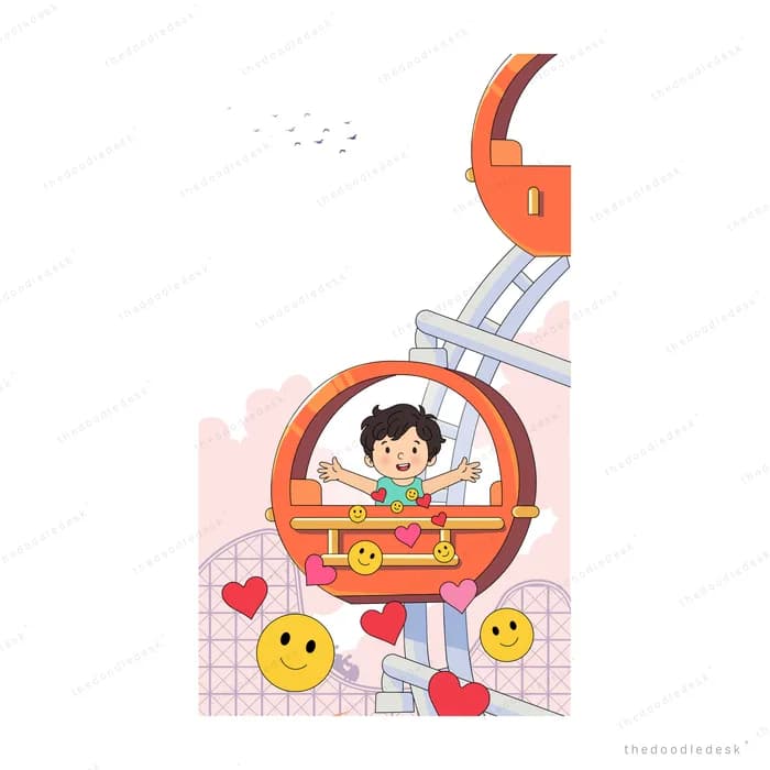 Boy in an orange play structure with hearts and smiley faces around him