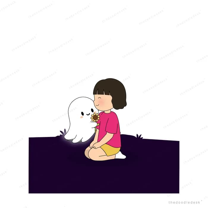 Girl sitting cross-legged on a dark purple mat holding a small white shape