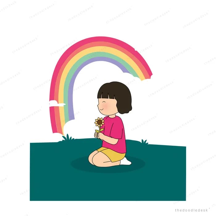 Girl sitting on a teal mat beneath an arching rainbow