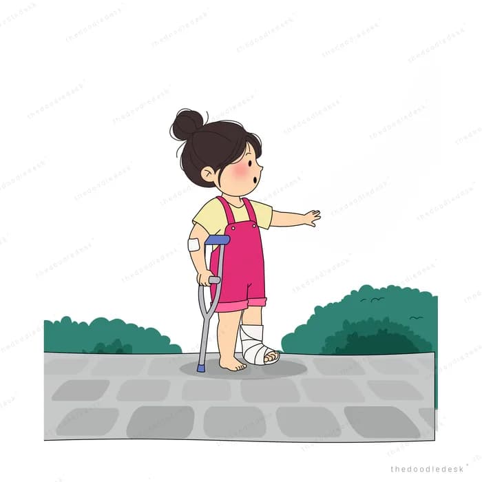 Girl on crutches standing on a stone path with her leg bandaged