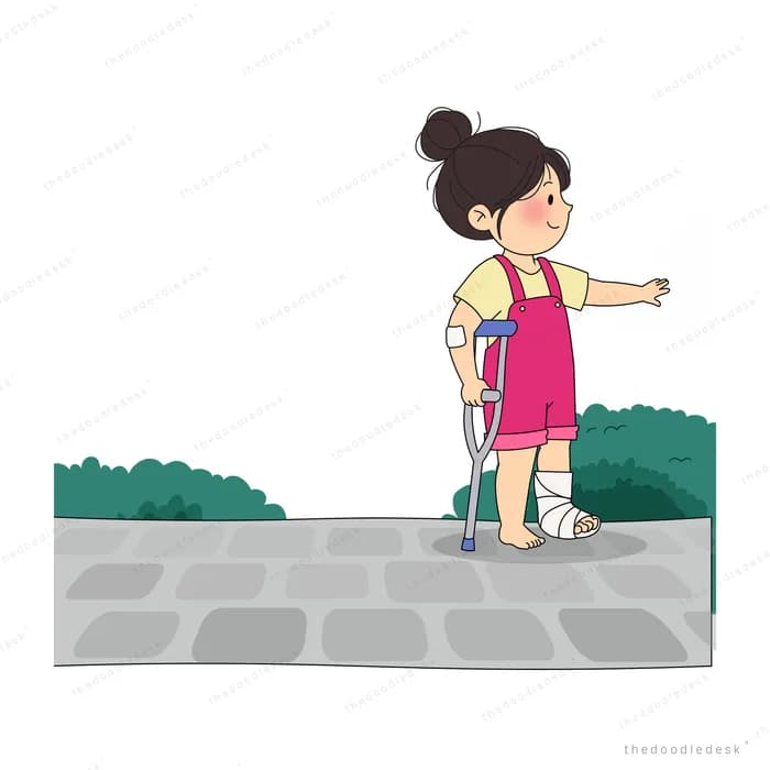 Girl on crutches seen from behind making her way along a stone path