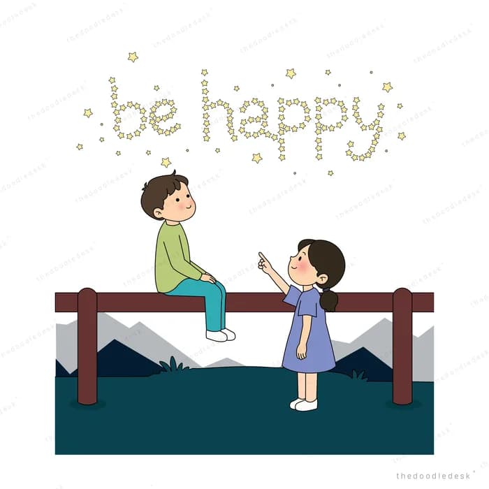 Boy sitting on a wooden railing and girl standing beside him under sparkles spelling be happy