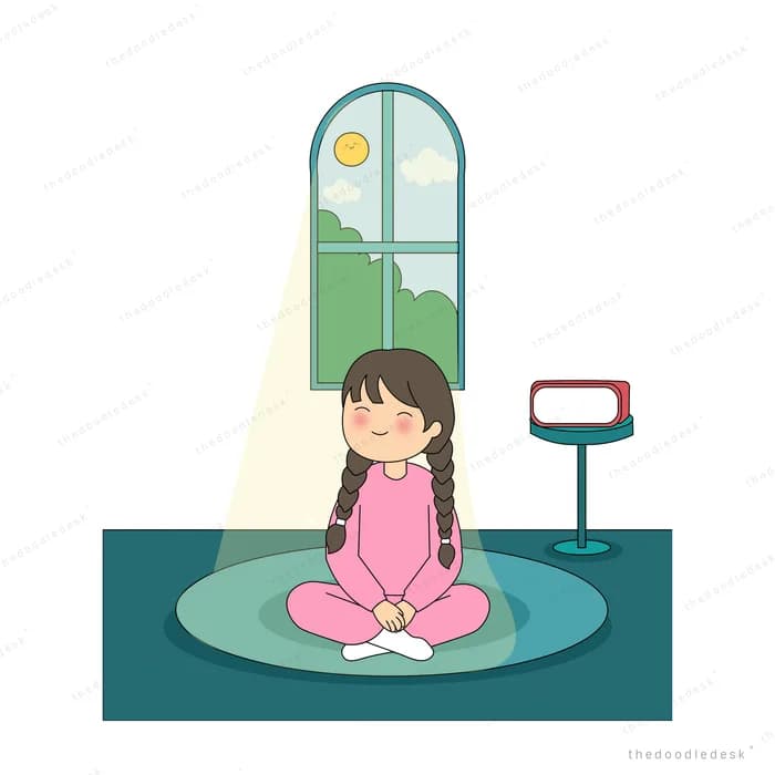 Girl in pink pyjamas meditating cross-legged on a round rug in a beam of window light