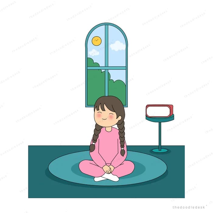 Girl in pink pyjamas sitting cross-legged with eyes closed on a rug by a sunny arched window