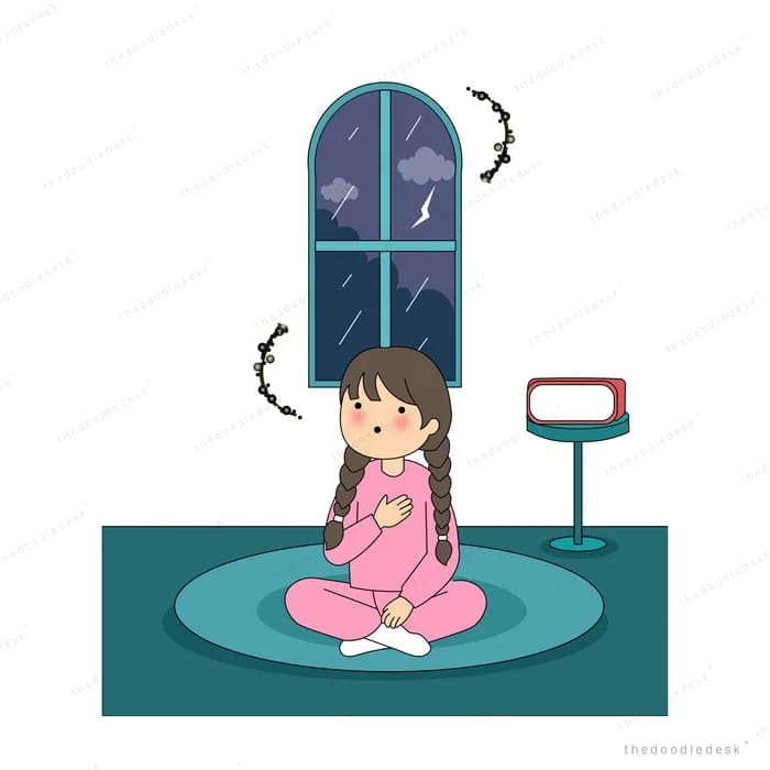 Worried girl sitting cross-legged on a rug at night while rain streaks the arched window