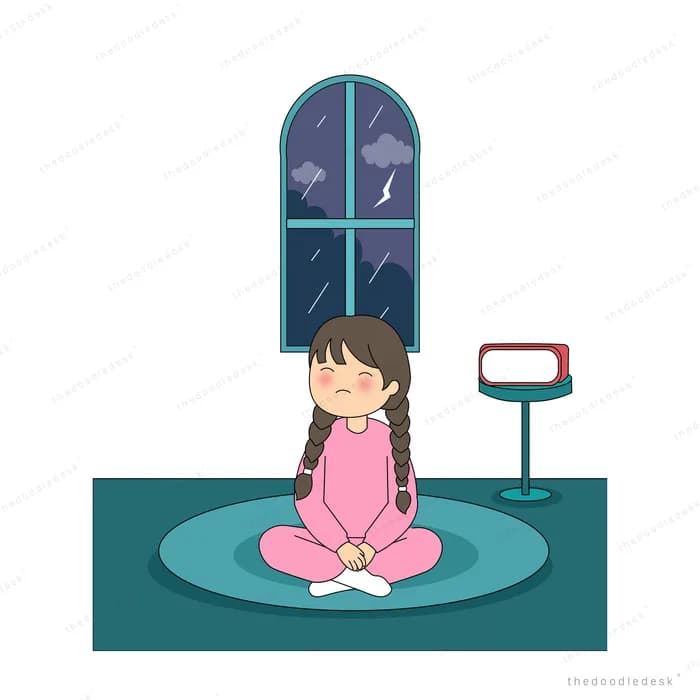 Girl sitting cross-legged with eyes closed on a rug at night beside a rainy arched window