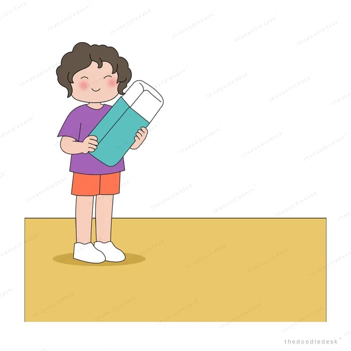 Boy carrying a giant teal pencil on his shoulder atop a wide yellow banner