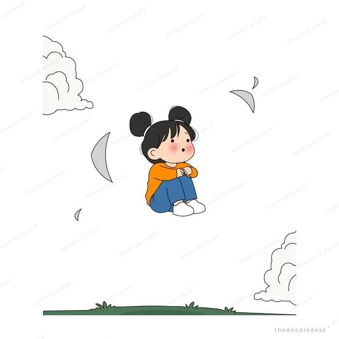 Girl with hair buns hugging her knees on a cloud above a green mountain peak