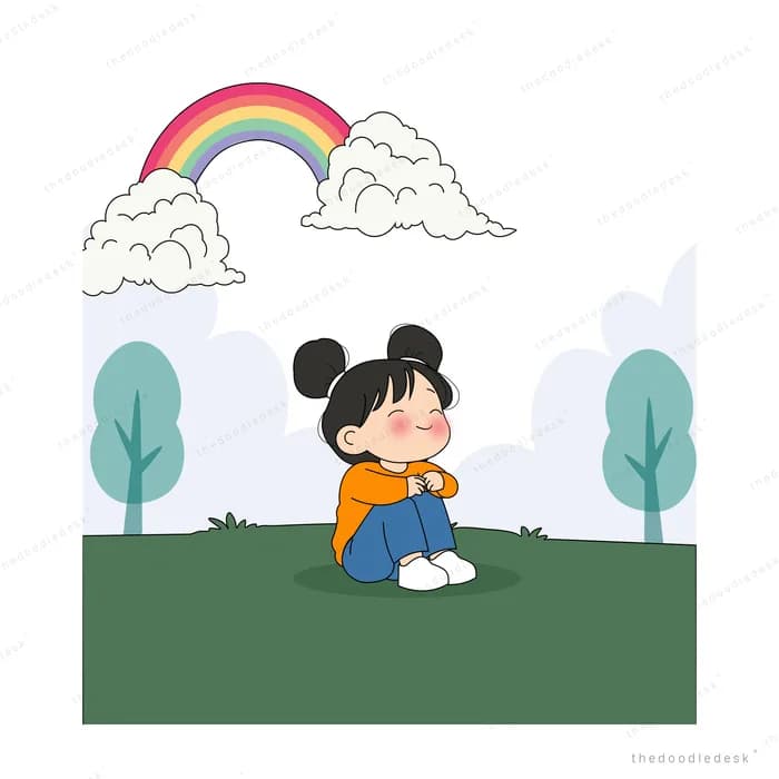 Girl hugging her knees beside a green mountain under a rainbow and pale clouds