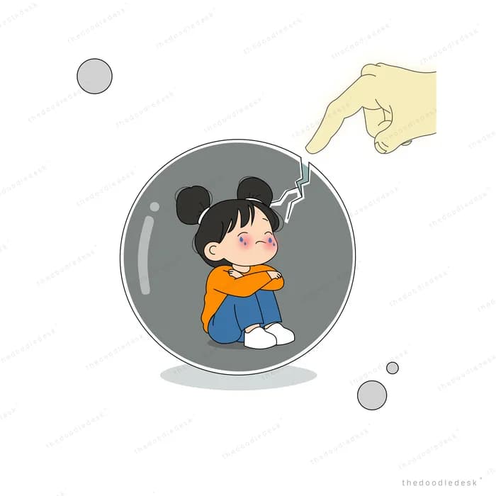 Girl hugging her knees inside a grey bubble while lightning strikes a yellow cloud outside