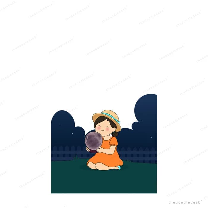 Girl in an orange dress and straw hat kneeling on the grass holding a round ball in a fenced garden
