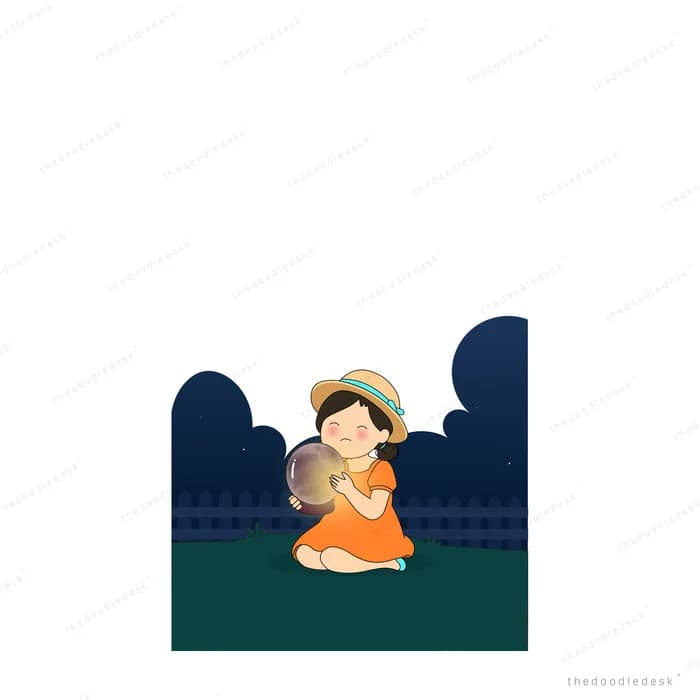 Girl in an orange dress and straw hat kneeling on the grass holding an unlit round lantern in a fenced garden