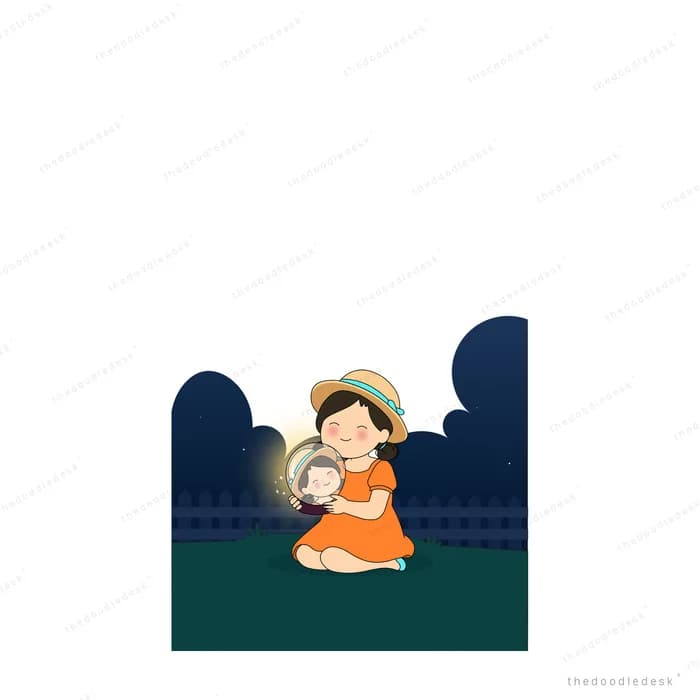 Girl in a straw hat hugging a glowing round lantern to her chest on the garden grass