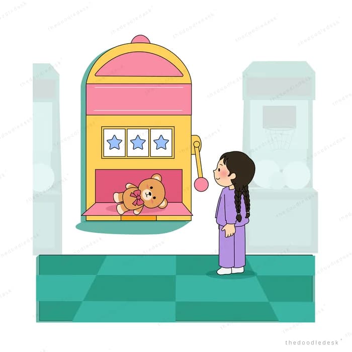 Girl looking at a teddy bear sitting behind the glass of a pink arcade machine