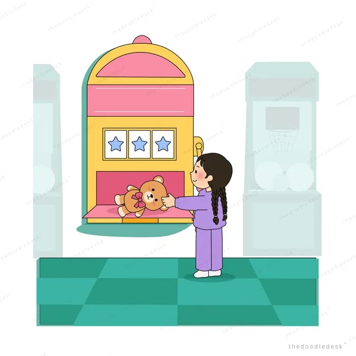 Girl reaching into the tray of an arcade machine for a teddy bear