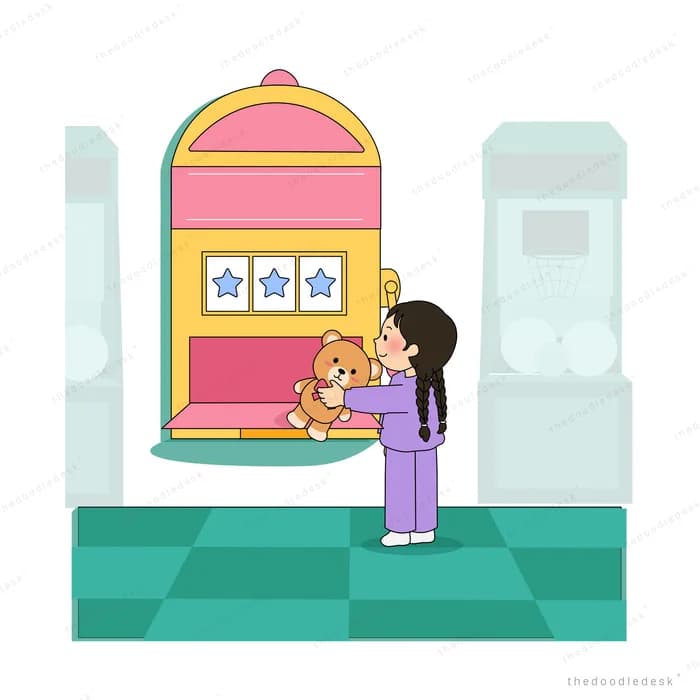Girl lifting a teddy bear out of an arcade prize machine