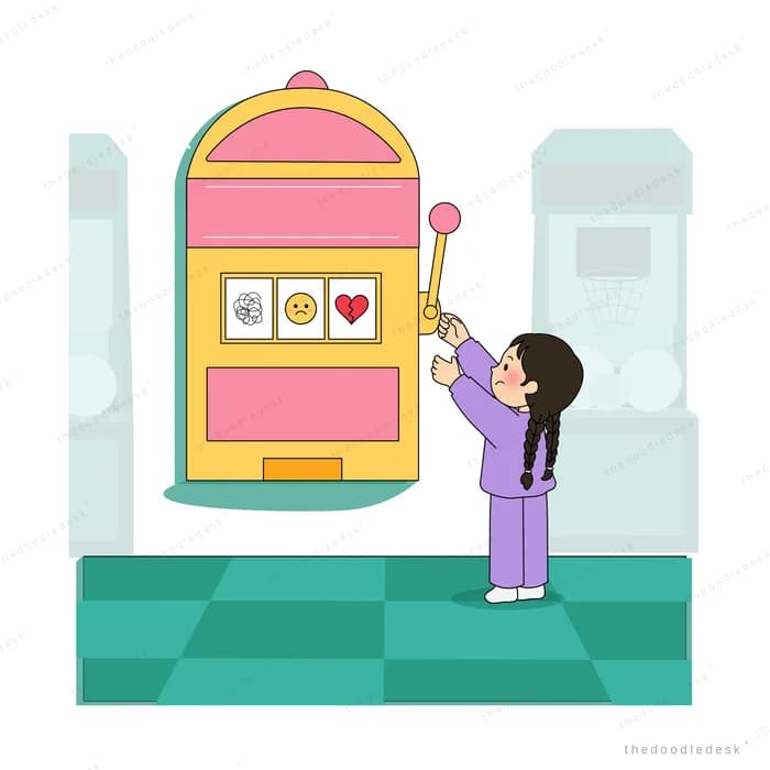 Girl pulling the lever of a pink slot machine showing star smiley and heart symbols