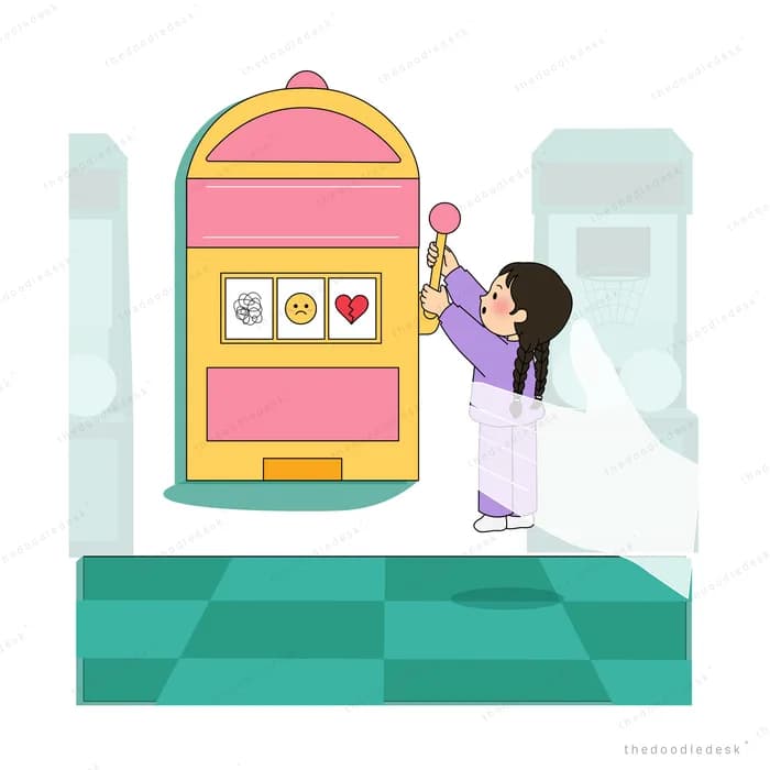 Girl stretching up to pull a slot machine lever in a beam of light
