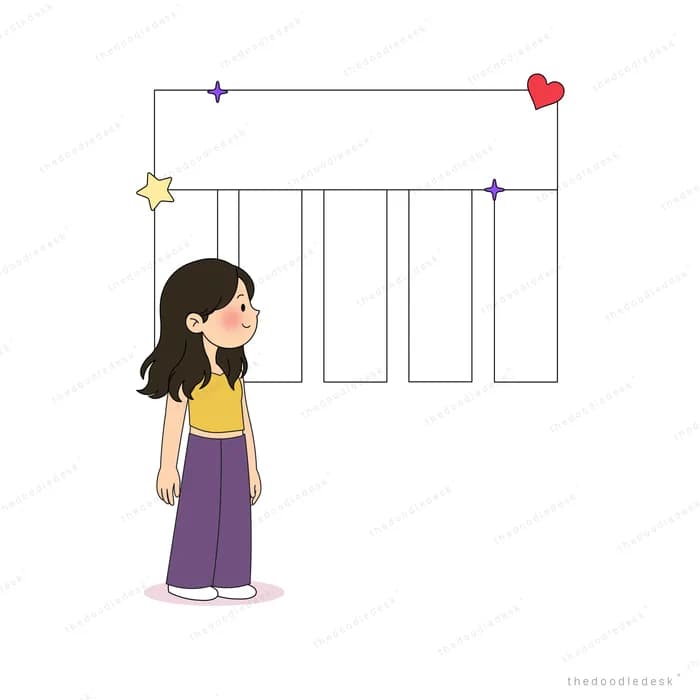 Girl in a yellow top and purple trousers looking up at an empty noticeboard
