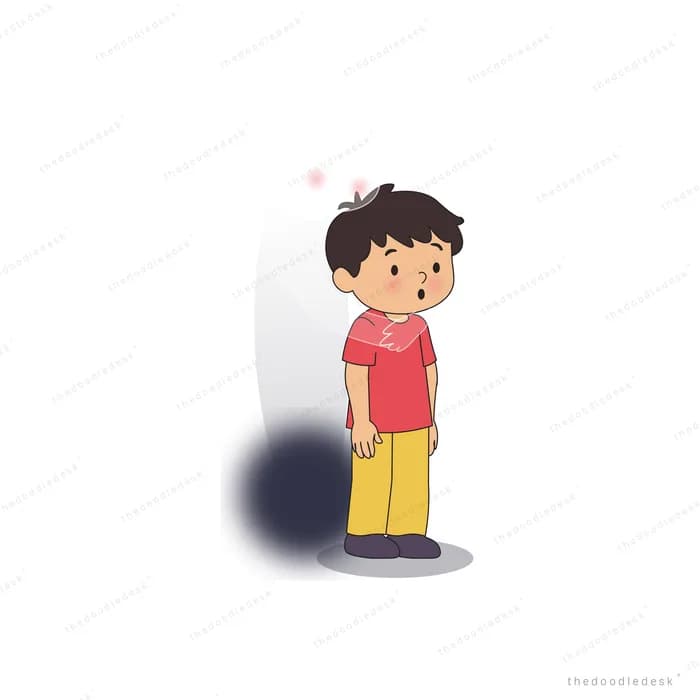 Boy in a red t-shirt and yellow trousers standing with a soft grey shadow behind him