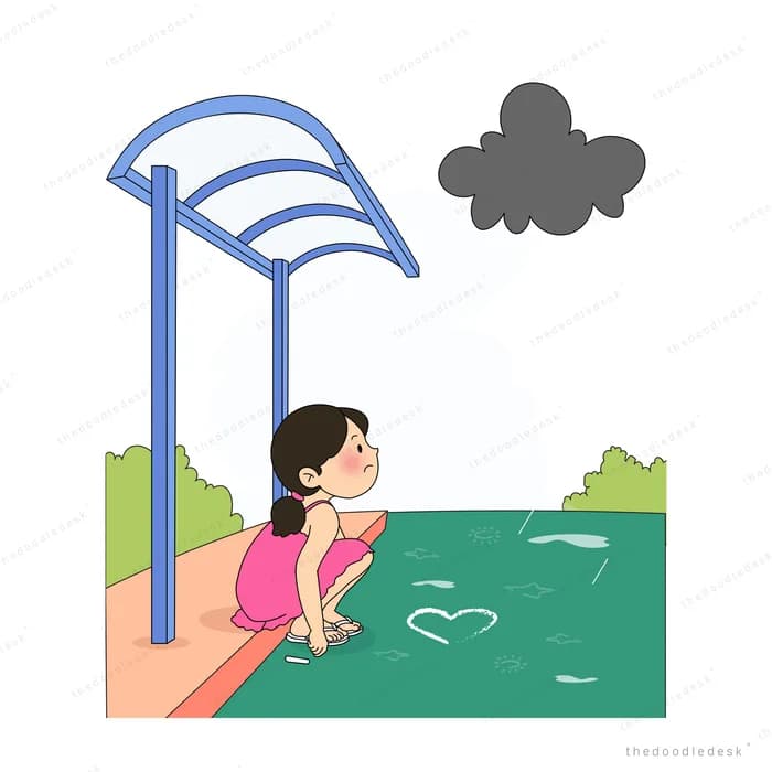 Girl in sportswear resting under a blue shelter canopy while a grey storm cloud gathers above